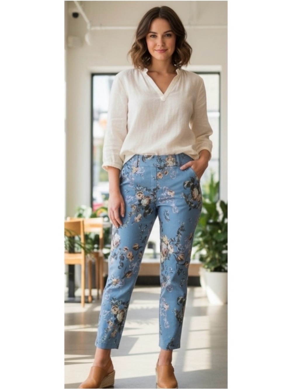 Jules & Leopard Pull On Floral Pants Slate Blue Size L